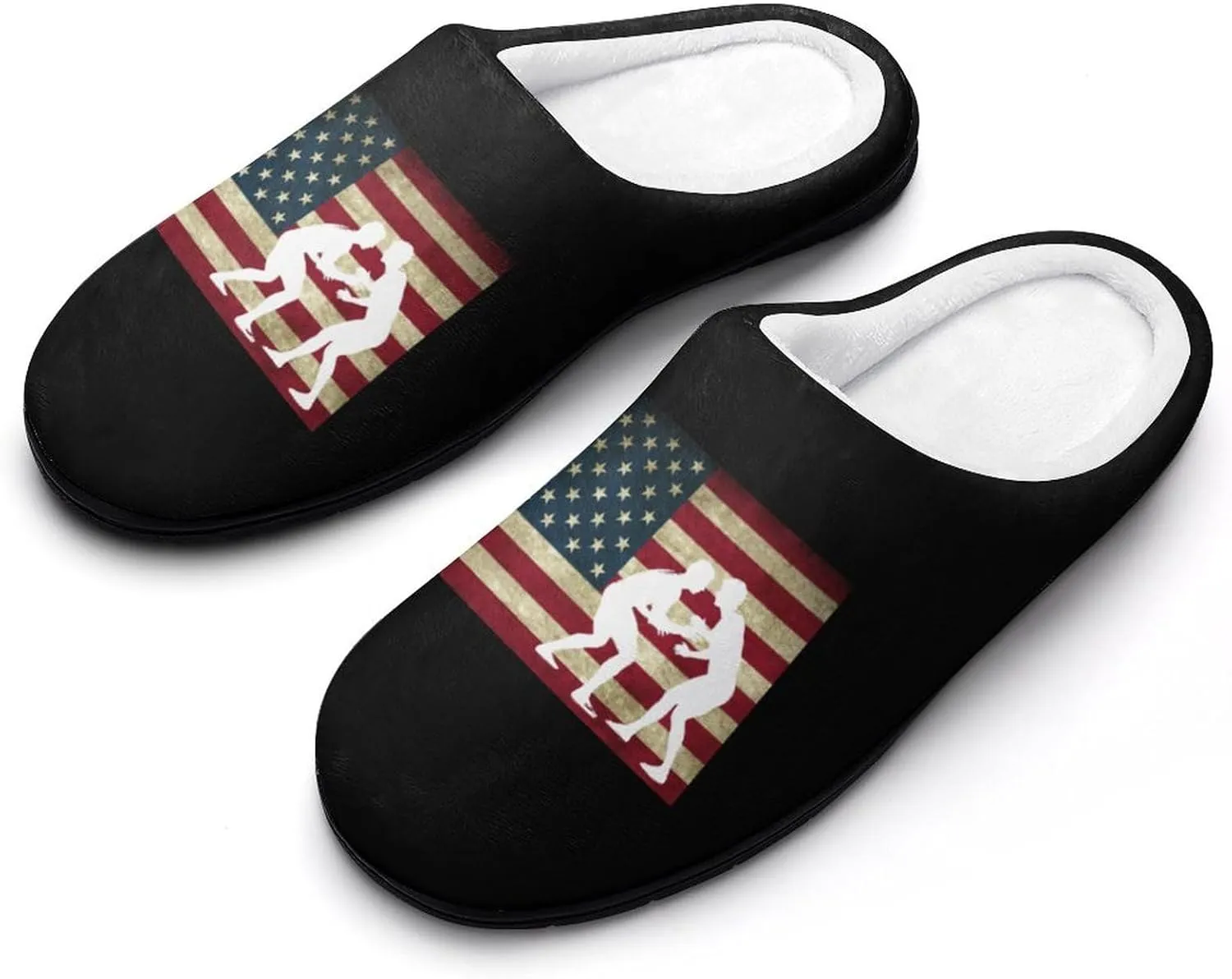 Wrestling U.S. Flag Fashion Mens Slippers Slip On Fuzzy House Shoes for Indoor Outdoor