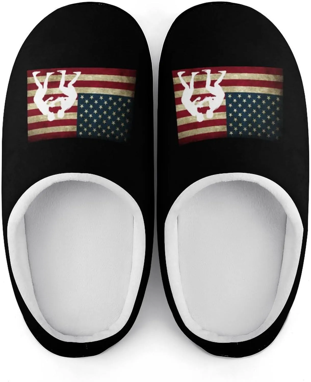 Wrestling U.S. Flag Fashion Mens Slippers Slip On Fuzzy House Shoes for Indoor Outdoor