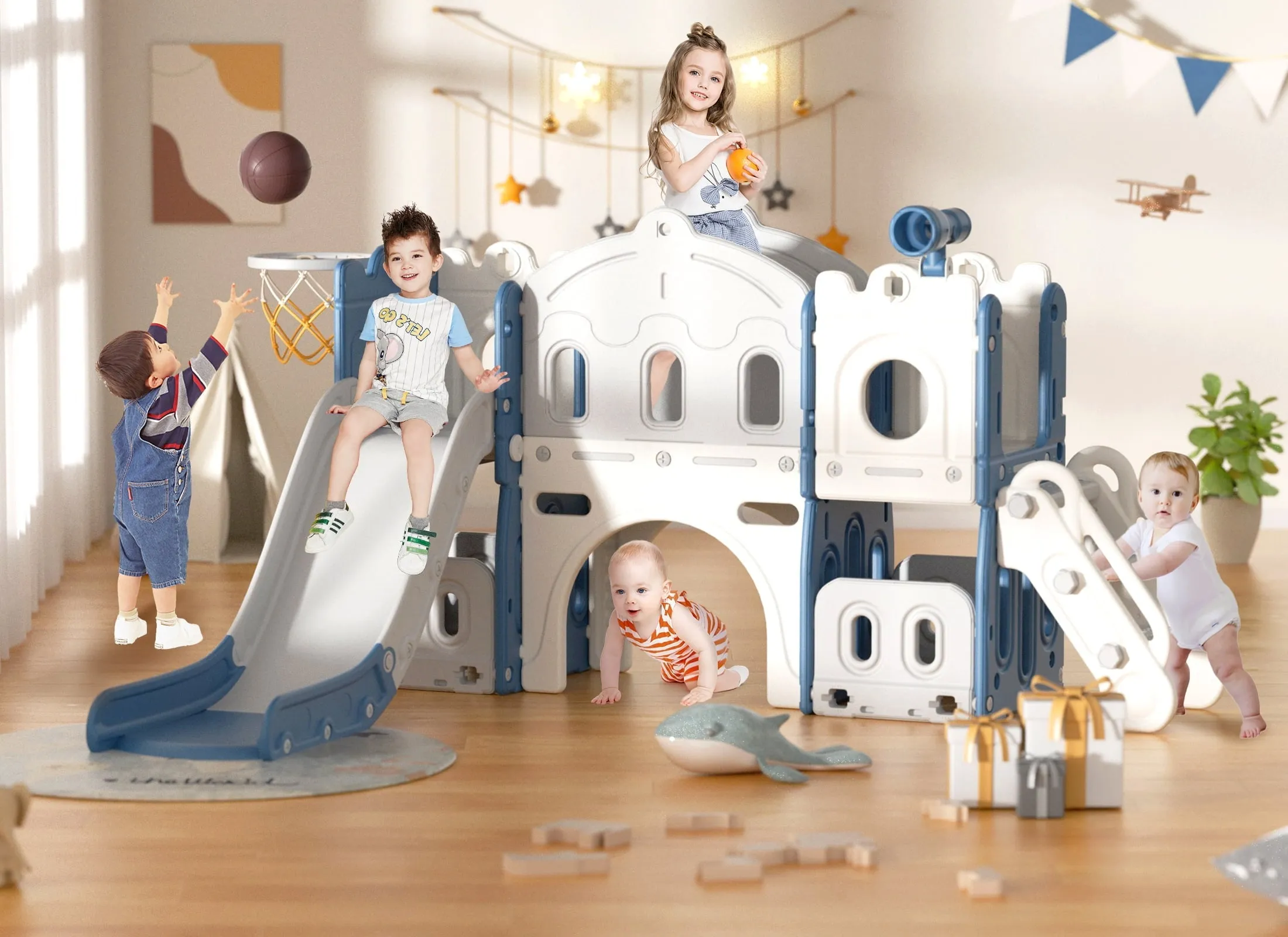 XJD 8 in 1 Toddler Slide with Climber, Kids Slide for Toddlers Age 1 ,Basketball Hoop,Tunnel and Storage Space,Slide Toddlers Playset playground Outdoor Indoor play Set