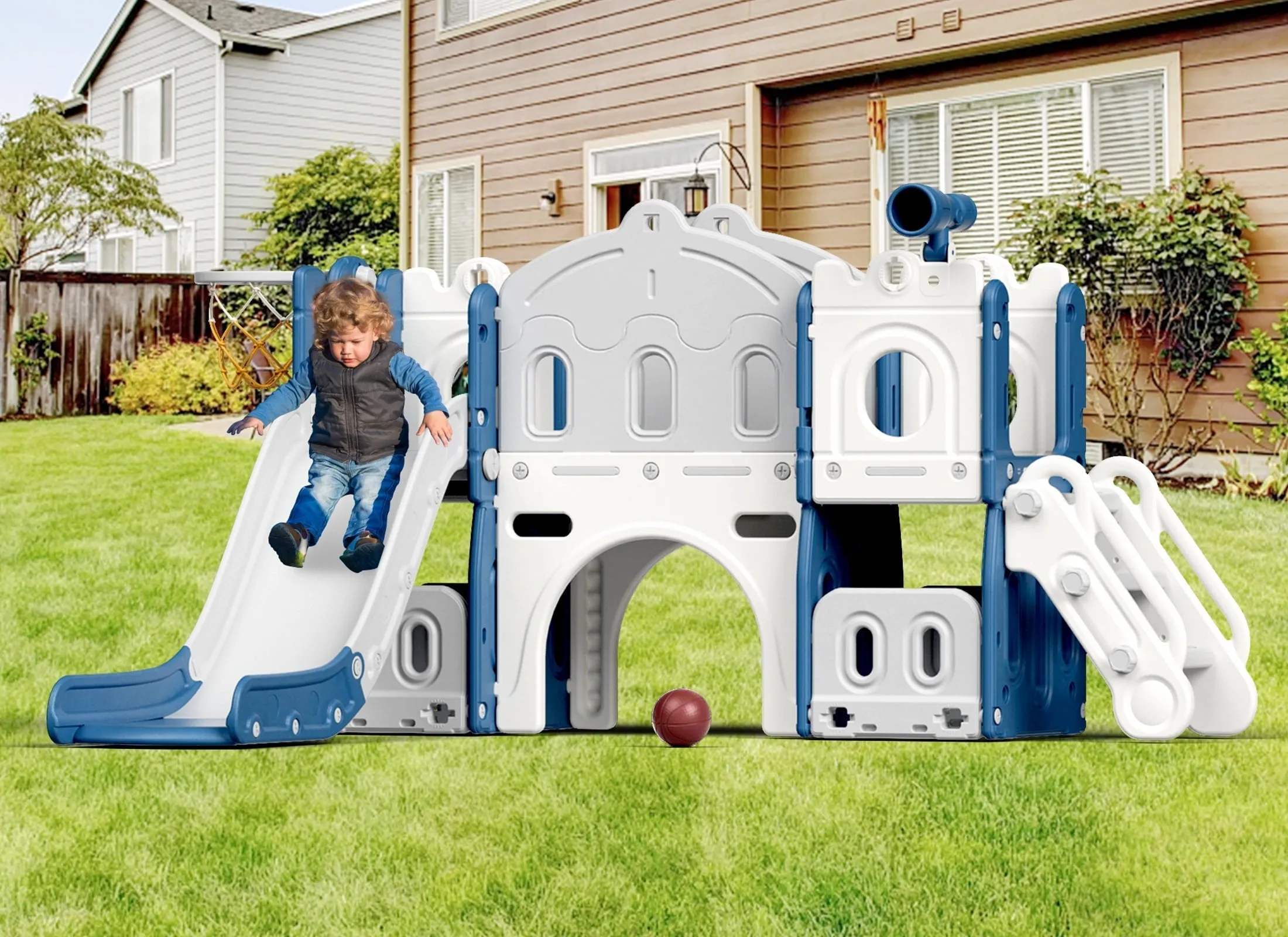 XJD 8 in 1 Toddler Slide with Climber, Kids Slide for Toddlers Age 1 ,Basketball Hoop,Tunnel and Storage Space,Slide Toddlers Playset playground Outdoor Indoor play Set