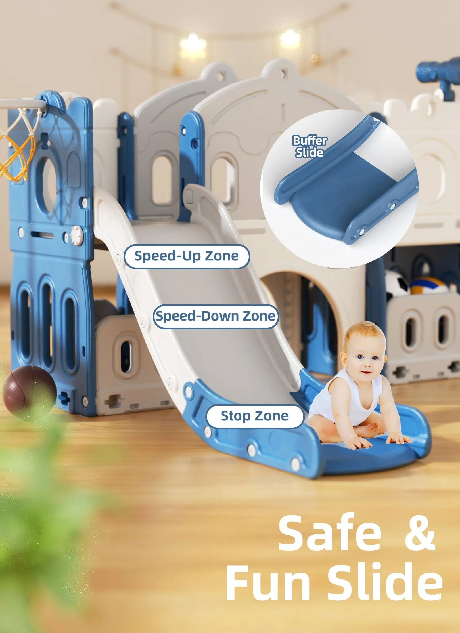 XJD 8 in 1 Toddler Slide with Climber, Kids Slide for Toddlers Age 1 ,Basketball Hoop,Tunnel and Storage Space,Slide Toddlers Playset playground Outdoor Indoor play Set