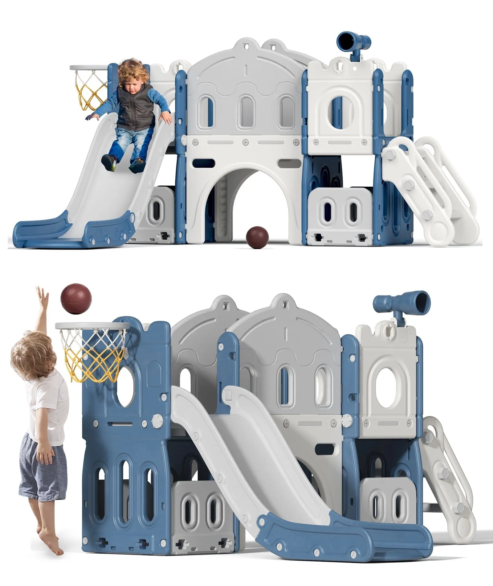XJD 8 in 1 Toddler Slide with Climber, Kids Slide for Toddlers Age 1 ,Basketball Hoop,Tunnel and Storage Space,Slide Toddlers Playset playground Outdoor Indoor play Set