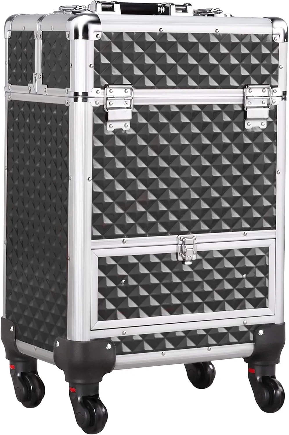 Yaheetech Rolling Makeup Train Case Aluminum Cosmetic Case with Wheels Barber Case Salon Lockable Travel Trolley with Sliding Drawers Removable Divider, Black/Silver