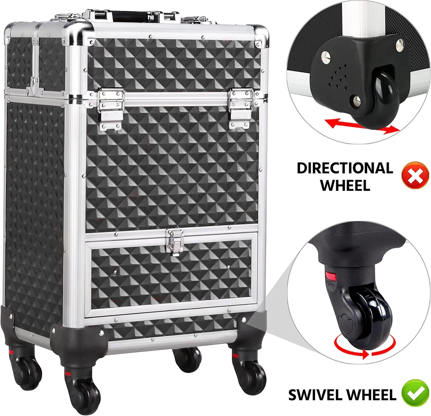 Yaheetech Rolling Makeup Train Case Aluminum Cosmetic Case with Wheels Barber Case Salon Lockable Travel Trolley with Sliding Drawers Removable Divider, Black/Silver