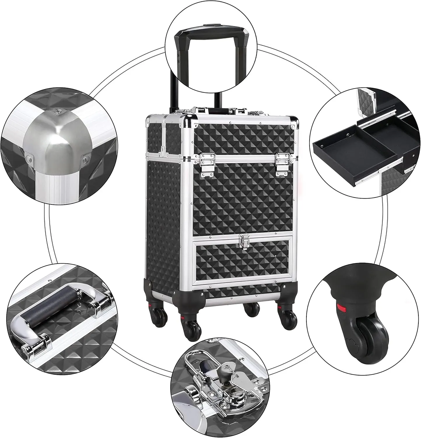 Yaheetech Rolling Makeup Train Case Aluminum Cosmetic Case with Wheels Barber Case Salon Lockable Travel Trolley with Sliding Drawers Removable Divider, Black/Silver