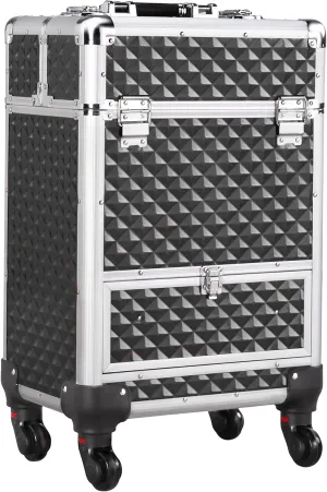Yaheetech Rolling Makeup Train Case Aluminum Cosmetic Case with Wheels Barber Case Salon Lockable Travel Trolley with Sliding Drawers Removable Divider, Black/Silver