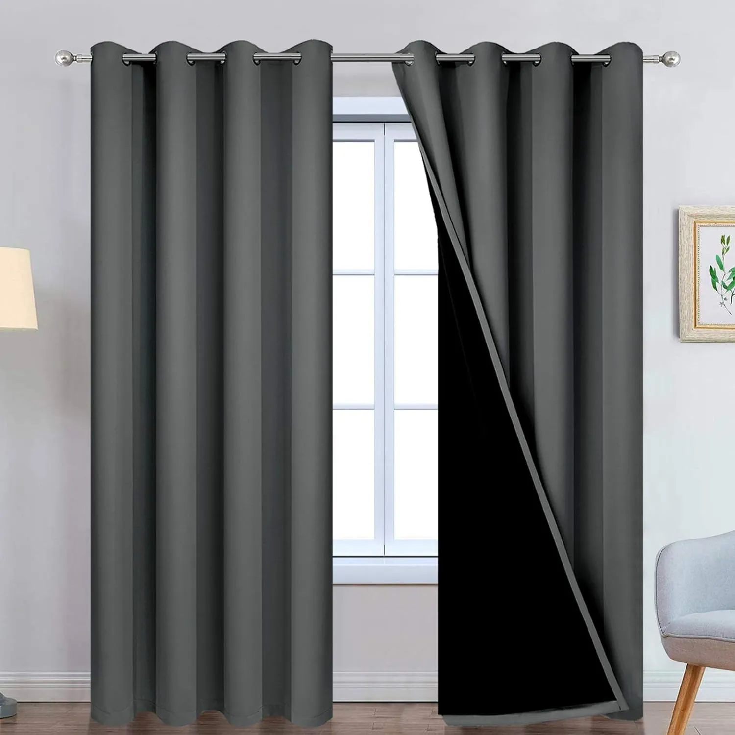 Yakamok Dark Grey Full Shade Curtain Panels, Heavy Duty Lined Curtains 84 Inches Long, Thermal Insulated Room Darkening Curtains with Black Liner for Bedroom(52" Width Each Panel, Dark Gray, 2 Panels)
