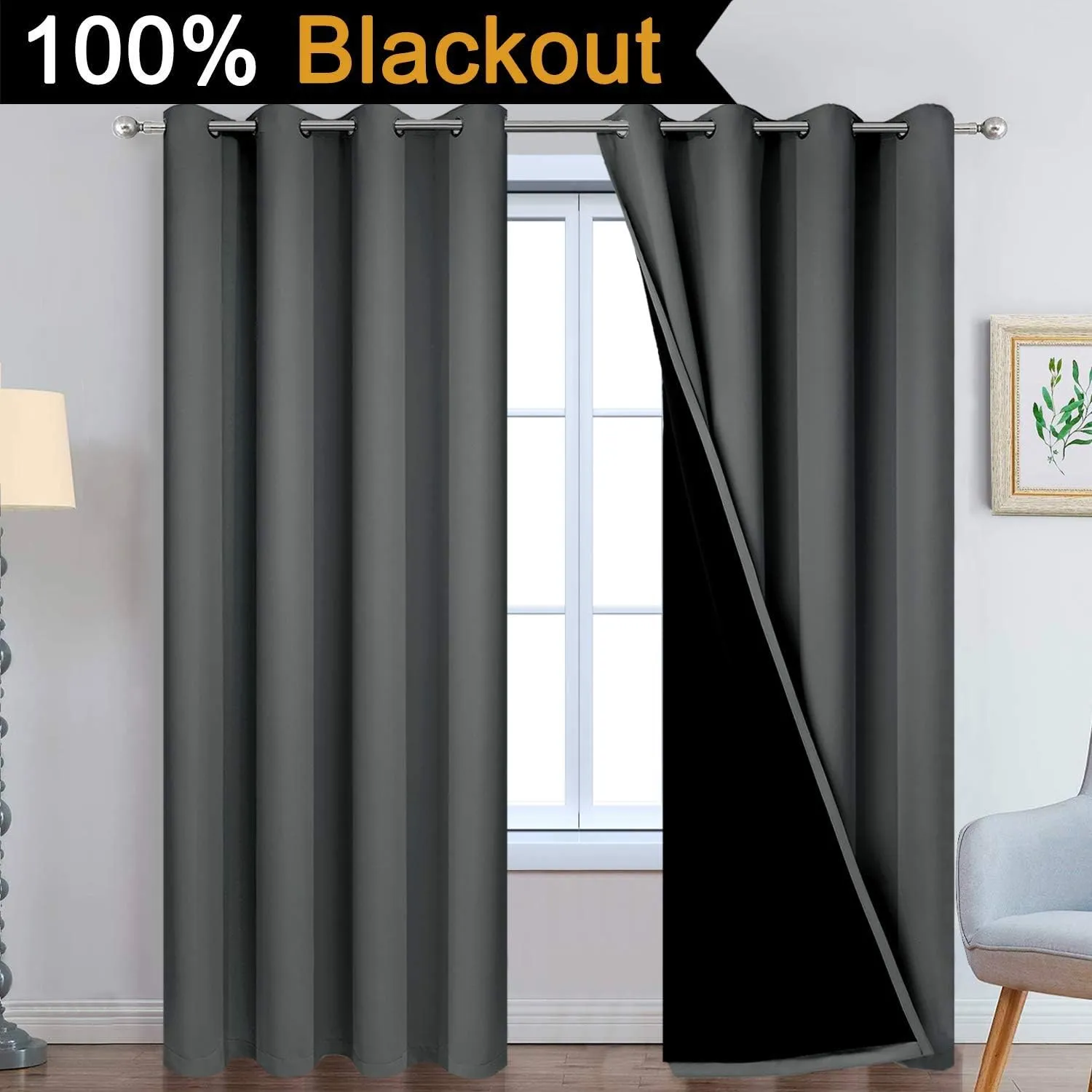 Yakamok Dark Grey Full Shade Curtain Panels, Heavy Duty Lined Curtains 84 Inches Long, Thermal Insulated Room Darkening Curtains with Black Liner for Bedroom(52" Width Each Panel, Dark Gray, 2 Panels)