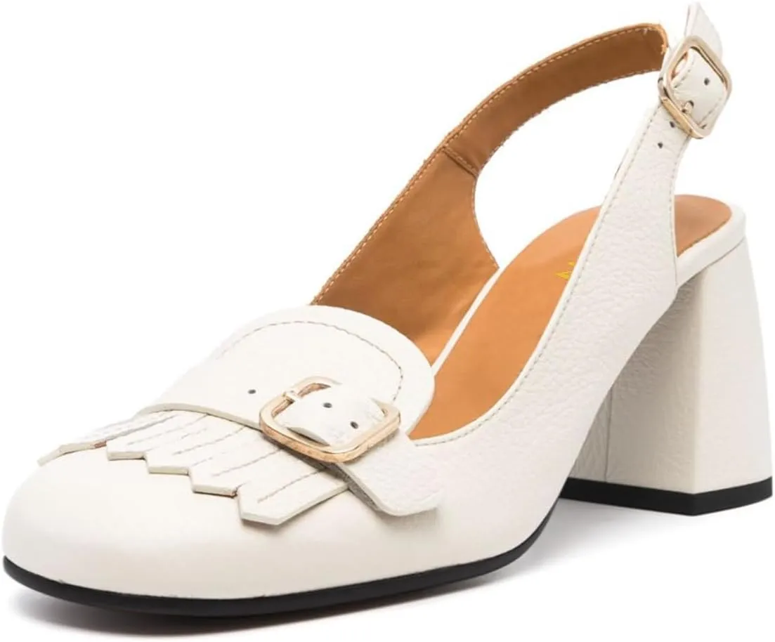 YDN Women's Tassels Slingback Pumps Square Closed Toe Block Mid High Heels Strap Buckle Loafers Office Party Formal Shoes Size 4-16 US