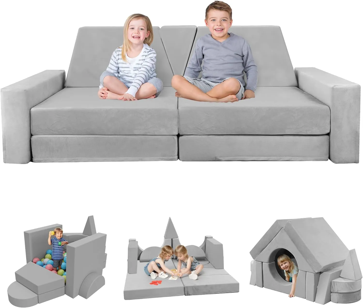 YEFU 15pcs Modular Kids Play Couch, Kids Couch for Toddler & Children, Toddler couches, Kid Couches Fort Building kit for Playroom Furniture, Kid Play Couches, Convertible Sofa for Boys & Girls, Grey