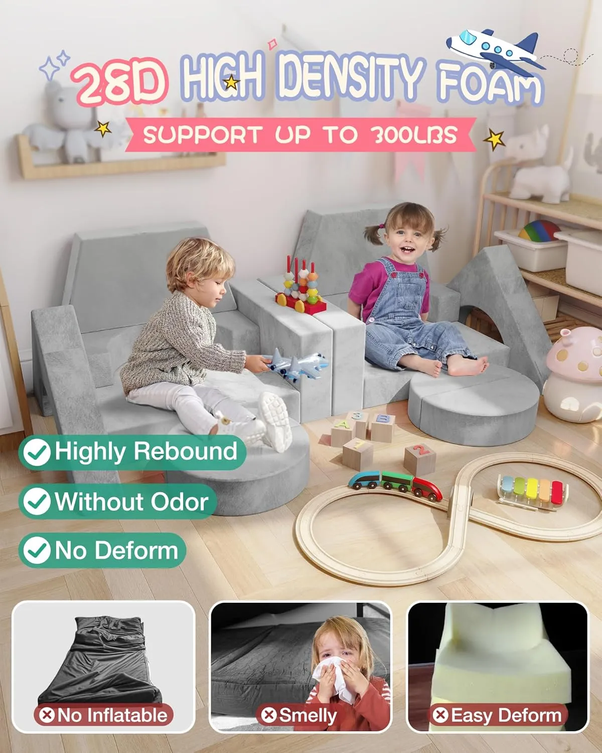YEFU 15pcs Modular Kids Play Couch, Kids Couch for Toddler & Children, Toddler couches, Kid Couches Fort Building kit for Playroom Furniture, Kid Play Couches, Convertible Sofa for Boys & Girls, Grey
