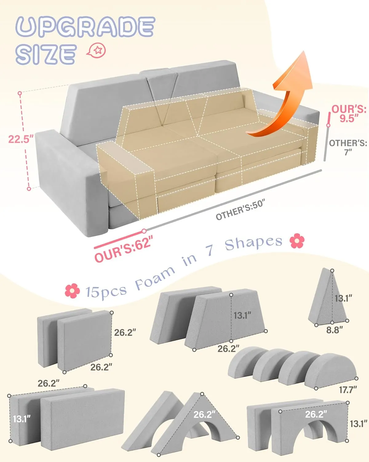 YEFU 15pcs Modular Kids Play Couch, Kids Couch for Toddler & Children, Toddler couches, Kid Couches Fort Building kit for Playroom Furniture, Kid Play Couches, Convertible Sofa for Boys & Girls, Grey