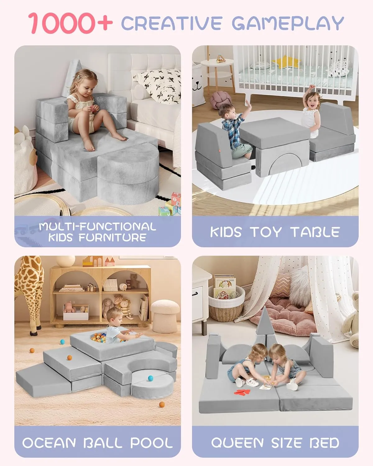 YEFU 15pcs Modular Kids Play Couch, Kids Couch for Toddler & Children, Toddler couches, Kid Couches Fort Building kit for Playroom Furniture, Kid Play Couches, Convertible Sofa for Boys & Girls, Grey