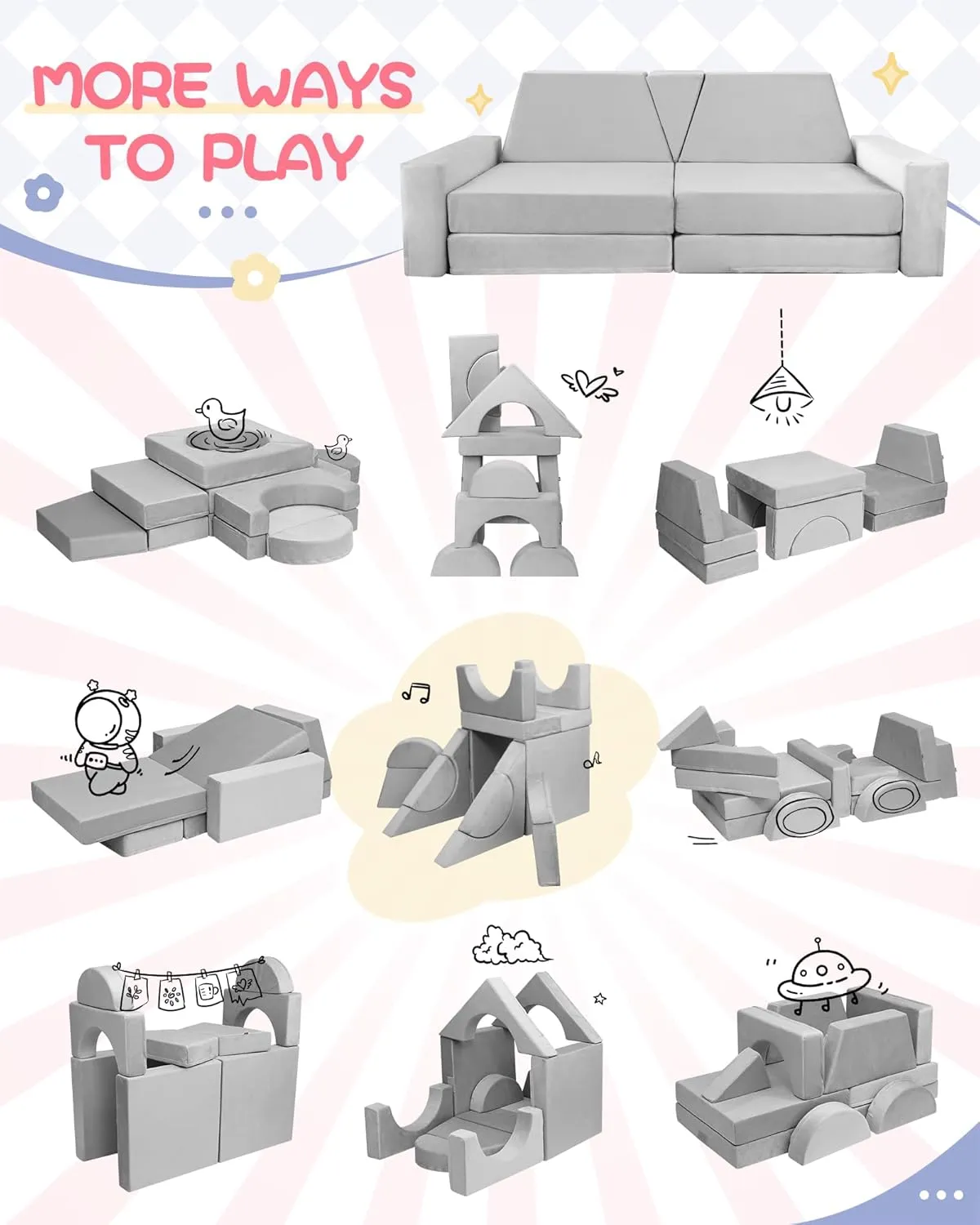 YEFU 15pcs Modular Kids Play Couch, Kids Couch for Toddler & Children, Toddler couches, Kid Couches Fort Building kit for Playroom Furniture, Kid Play Couches, Convertible Sofa for Boys & Girls, Grey