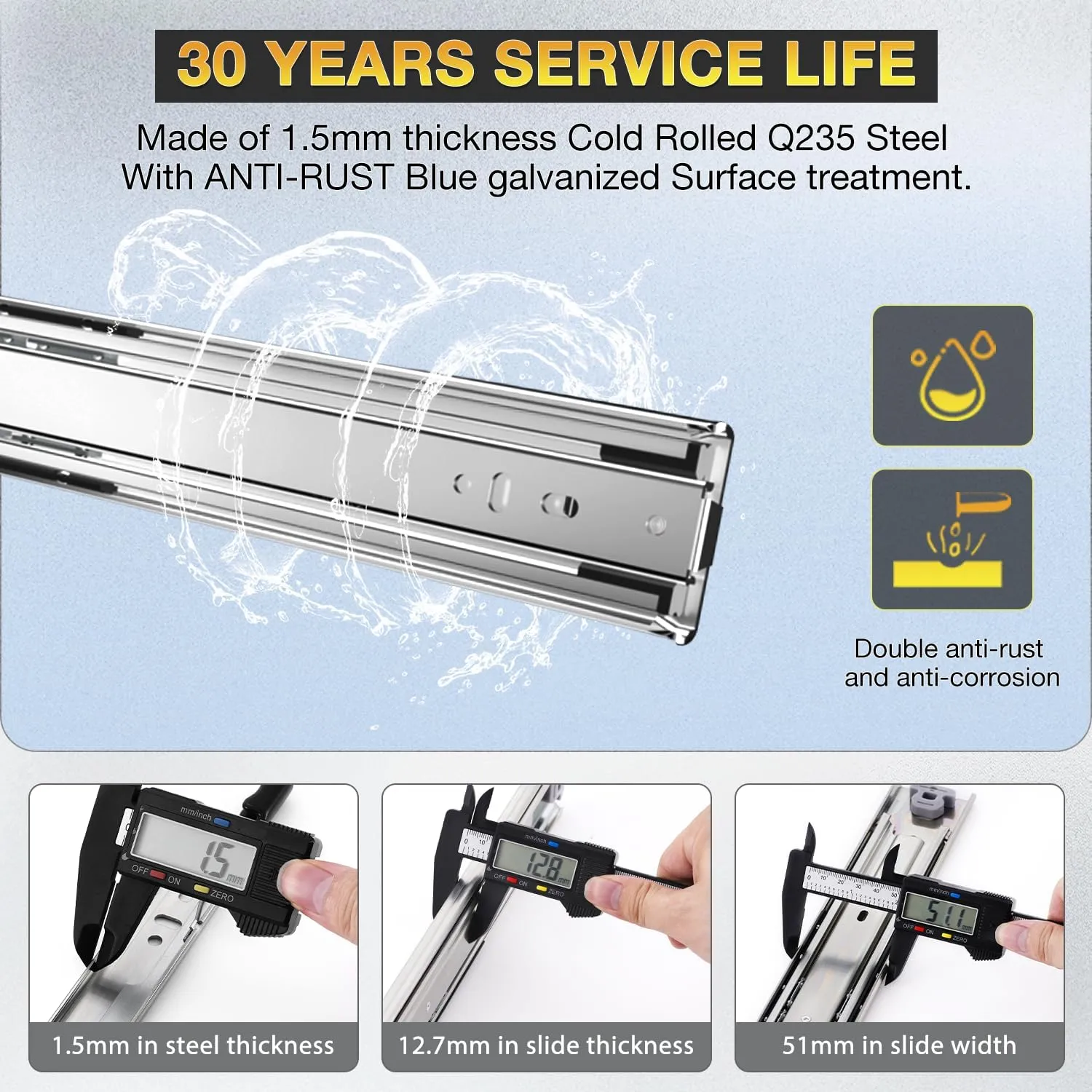 YENUO Heavy Duty Drawer Slides Full Extension Side Mount 12 14 16 18 20 22 24 26 28 30 32 34 36 40 Inch Metal Rails Track Guide Glides Runners 100 Lbs 1 Pair (Without Lock, 30 inch)