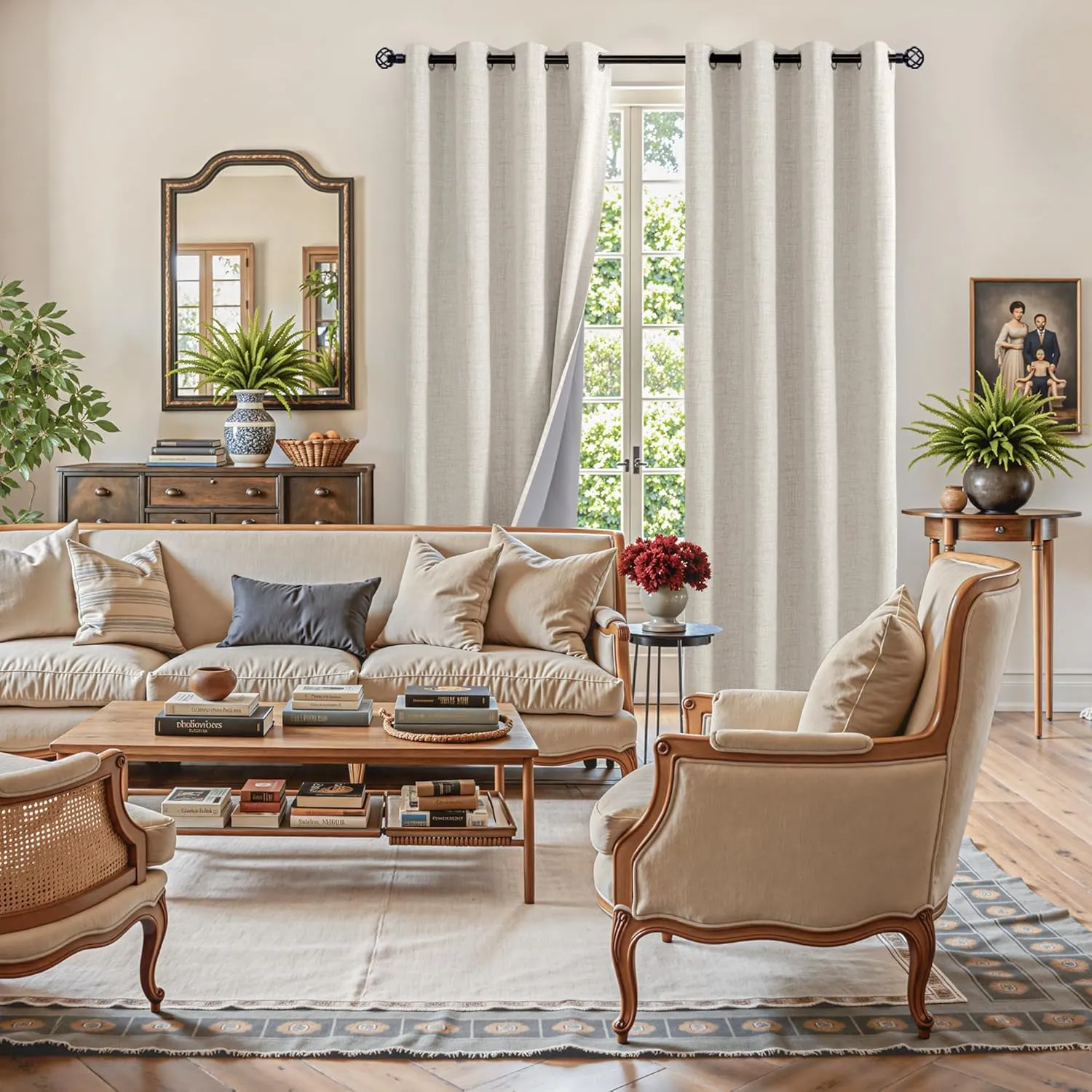YoungsTex Linen Blackout Curtains 84 Inch Length for Living Room, Heat Blocking Thermal Drapes with Grommet Cream Textured Insulated Window Treatments for Summer Bedroom Dining, 2 Panels, 52 X 84 Inch
