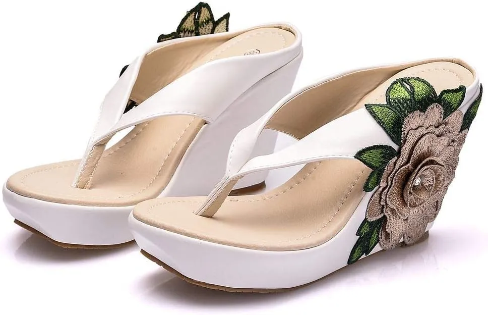 ZOOGEM Women's Embroidery Slides Wedge Sandals Hawaii Beach People Wedge Sandal Open Toe Bohemia Sandals Summer Slippers (White-Gray,11)