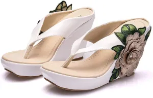 ZOOGEM Women's Embroidery Slides Wedge Sandals Hawaii Beach People Wedge Sandal Open Toe Bohemia Sandals Summer Slippers (White-Gray,11)