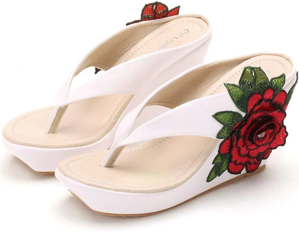 ZOOGEM Women's Embroidery Slides Wedge Sandals Hawaii Beach People Wedge Sandal Open Toe Bohemia Sandals Summer slippers (White-Red,4.5)
