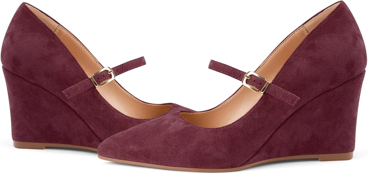 Z.Oufeier Womens Pointy Toe Suede Buckle Ankle Strap Mary Jane Wedge High Heels Wedding Party Dress Business Pumps Shoes 3.4 Inches