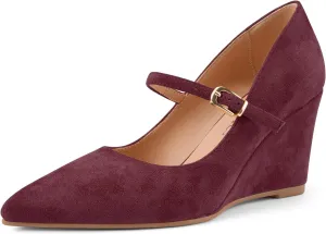 Z.Oufeier Womens Pointy Toe Suede Buckle Ankle Strap Mary Jane Wedge High Heels Wedding Party Dress Business Pumps Shoes 3.4 Inches